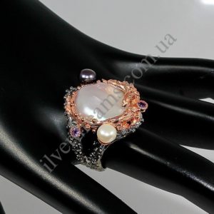 уникальное серебряное кольцо с натуральным барочным жемчугом