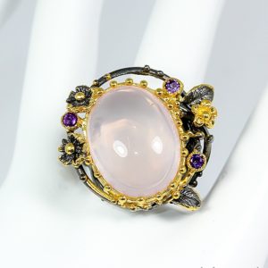 Уникальное серебряное кольцо с крупным розовым кварцем