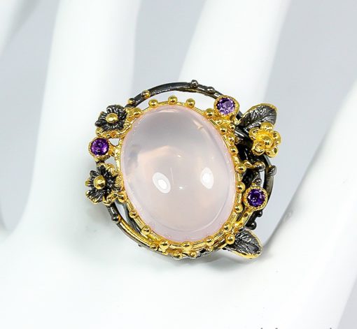 Уникальное серебряное кольцо с крупным розовым кварцем