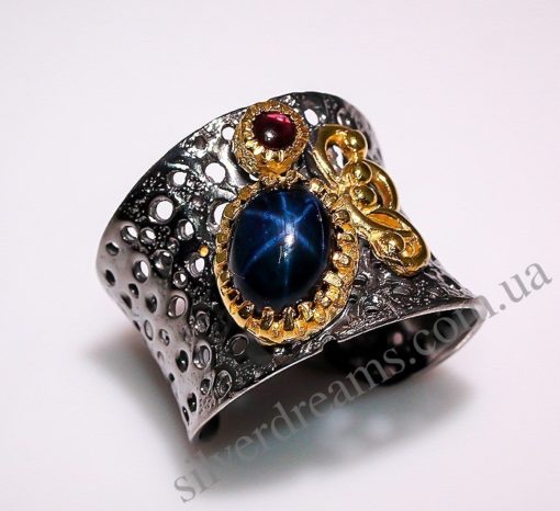 Дизайнерское серебряное кольцо со звёздчатым сапфиром