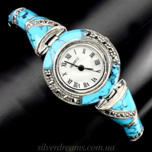 Серебряный браслет-часы с бирюзой