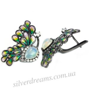 Серебряные серьги-бабочки с опалом и эмалью