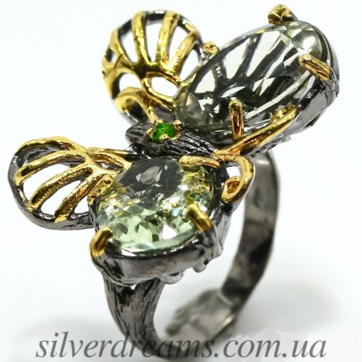 Серебряное кольцо Бабочка с празиолитами