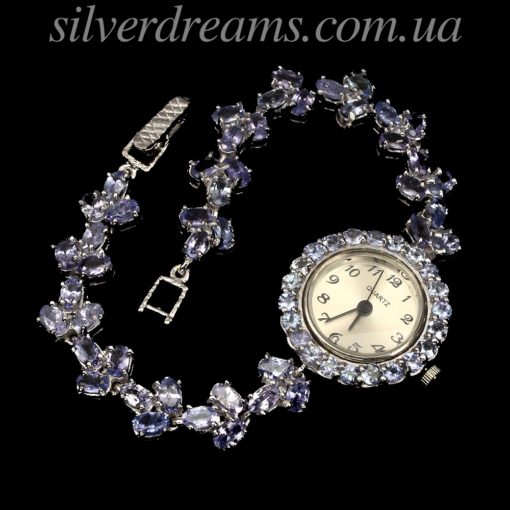 Серебряные часы-браслет с танзанитами