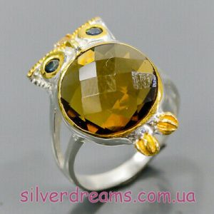 Серебряное кольцо Сова с коньячным кварцем
