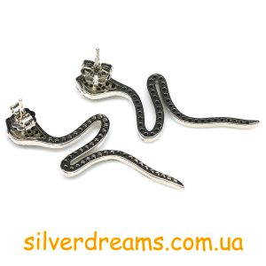 Серьги змейки серебро чёрная шпинель