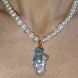 Ожерелье серебро натуральный жемчуг голубой топаз