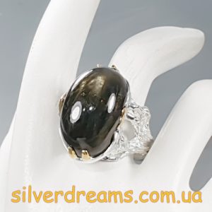 Кольцо серебро чёрный звёздчатый сапфир