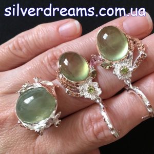 Комплект серьги и кольцо серебро натуральный пренит