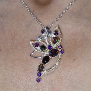 Кулон/ожерелье серебро натуральный чёрный опал и аметист