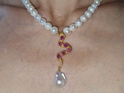 Ожерелье серебро натуральный жемчуг и рубин