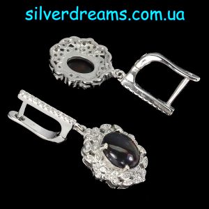 Серьги серебро натуральный чёрный радужный опал