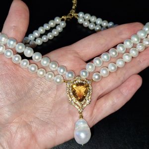 Ожерелье серебро натуральный жемчуг и цитрин