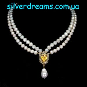 Ожерелье серебро натуральный жемчуг и цитрин