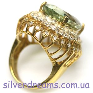 Коктейльное кольцо серебро натуральный зелёный аметист (празиолит)