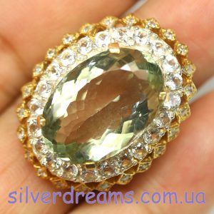 Перстень серебро натуральный зелёный аметист (празиолит)