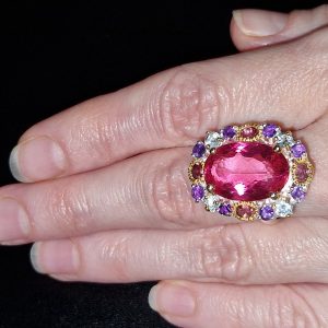 Кольцо серебро натуральный розовый топаз аметист турмалин