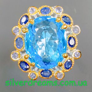 Коктейльное кольцо серебро природный голубой топаз