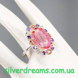 Кольцо серебро природный розовый топаз аметист турмалин