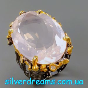 Кольцо серебро природный розовый кварц