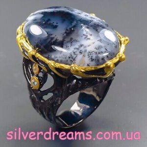 Кольцо серебро натуральная дендро-яшма
