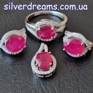 Набор серьги кольцо подвес серебро природный рубин