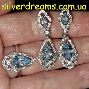 Набор серьги и кольцо серебро натуральный голубой топаз