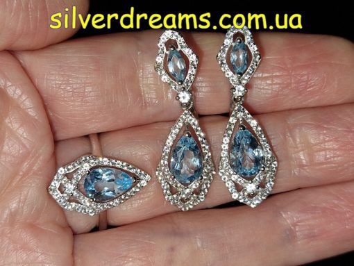 Набор серьги и кольцо серебро натуральный голубой топаз