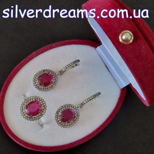 Набор серьги и кольцо серебро натуральный рубин и мультисапфир