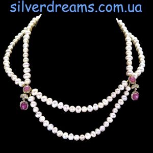 Ожерелье серебро природный жемчуг и рубин