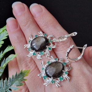 Серьги серебро натуральный звёздчатый сапфир