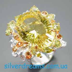 Перстень серебро натуральный лимонный кварц