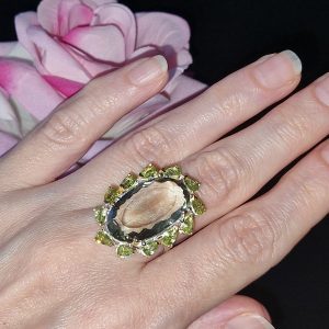 Перстень серебро натуральный зелёный аметист (празиолит) + хризолит