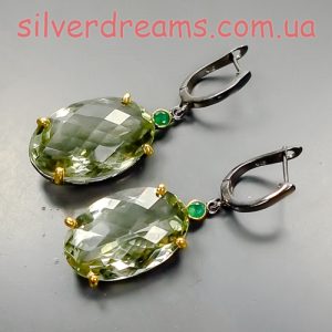 Серьги серебро природный зелёный аметист (празиолит)