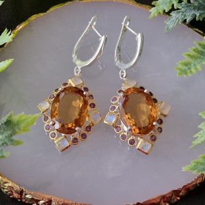 Серьги серебро природный цитрин адуляр аметист