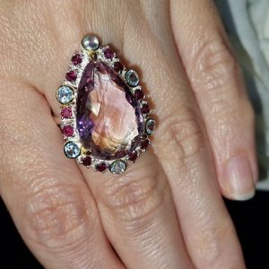Кольцо серебро природный аметрин топаз родолит