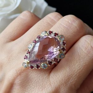 Перстень серебро натуральный аметрин топаз родолит