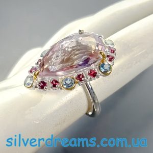 Перстень серебро натуральный аметрин топаз родолит