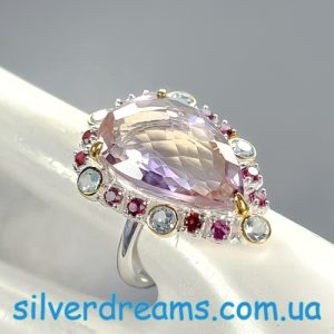 Кольцо серебро натуральный аметрин топаз родолит