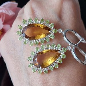 Серьги серебро натуральный цитрин и хризолит