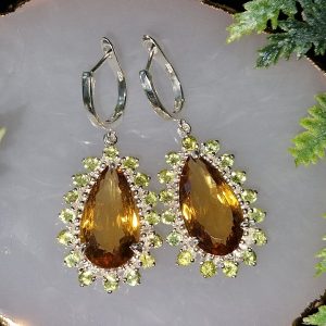 Серьги серебро природный цитрин и хризолит