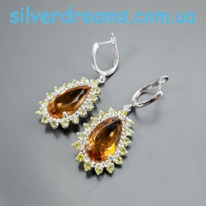 Серьги серебро натуральный цитрин и хризолит