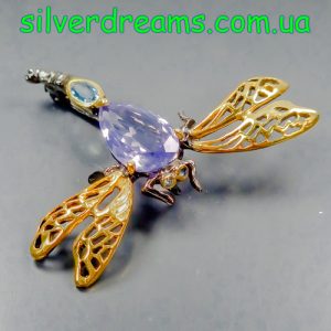 Подвес/брошь серебро натуральный лавандовый кварц и голубой топаз