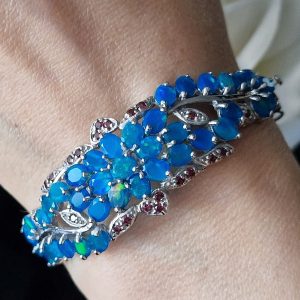 Браслет серебро природный голубой опал и родолит