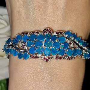 Браслет серебро натуральный голубой опал и родолит