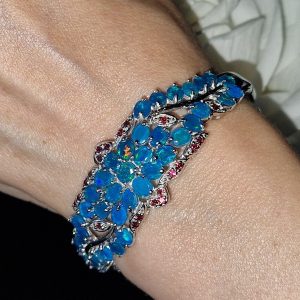 Браслет серебро натуральный голубой опал и родолит