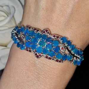 Браслет серебро натуральный голубой опал и родолит