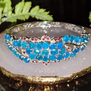 Браслет серебро натуральный голубой опал и родолит