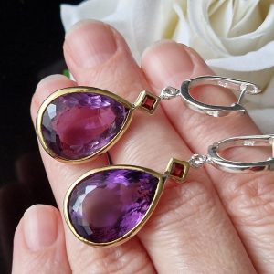 Серьги серебро природный аметист + гранат