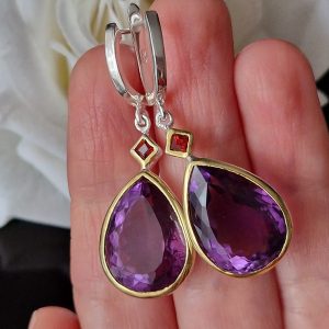 Серьги серебро натуральный аметист + гранат